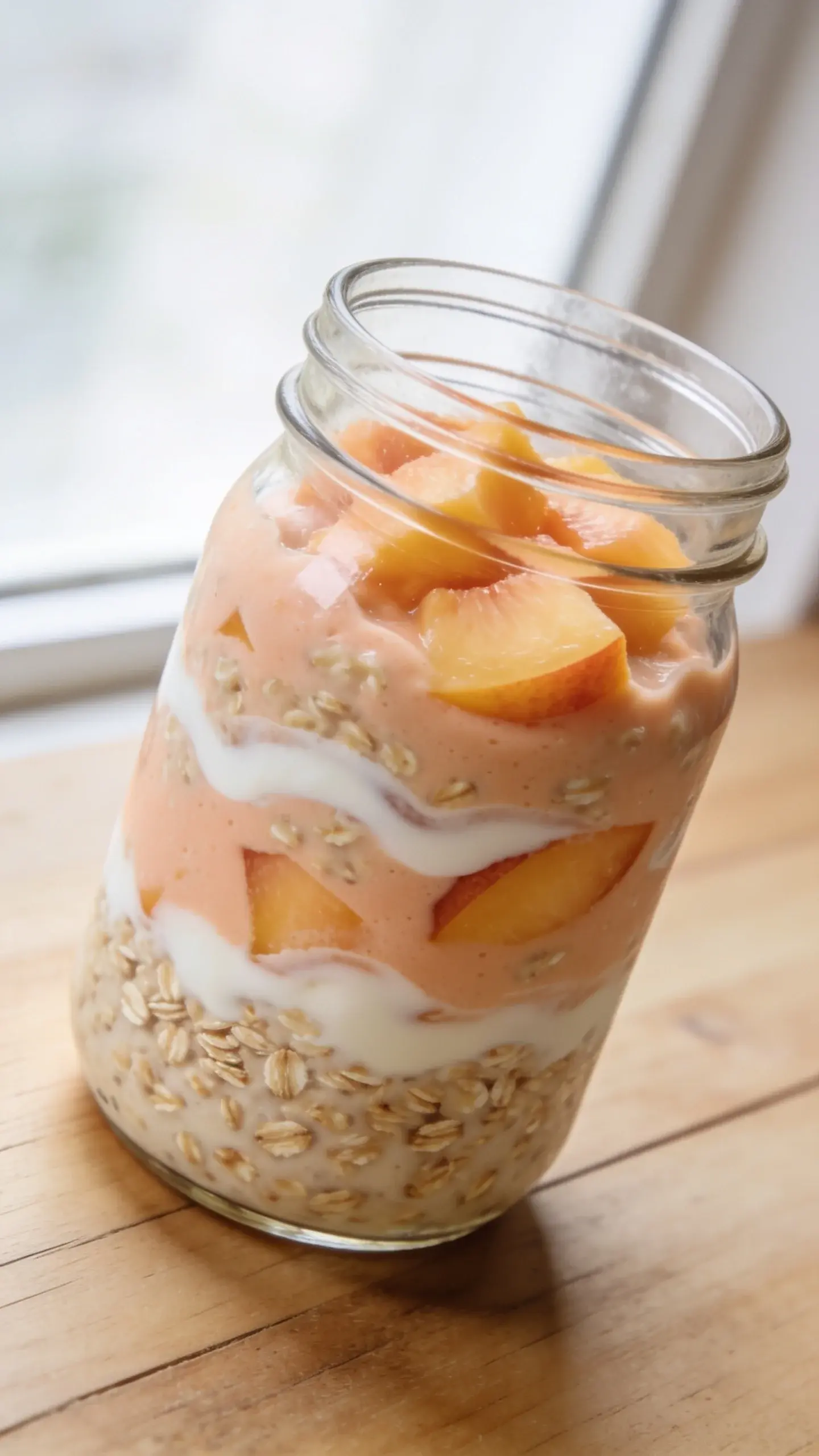 Glass jar of peaches and cream overnight oats topped with diced peaches on a wooden table