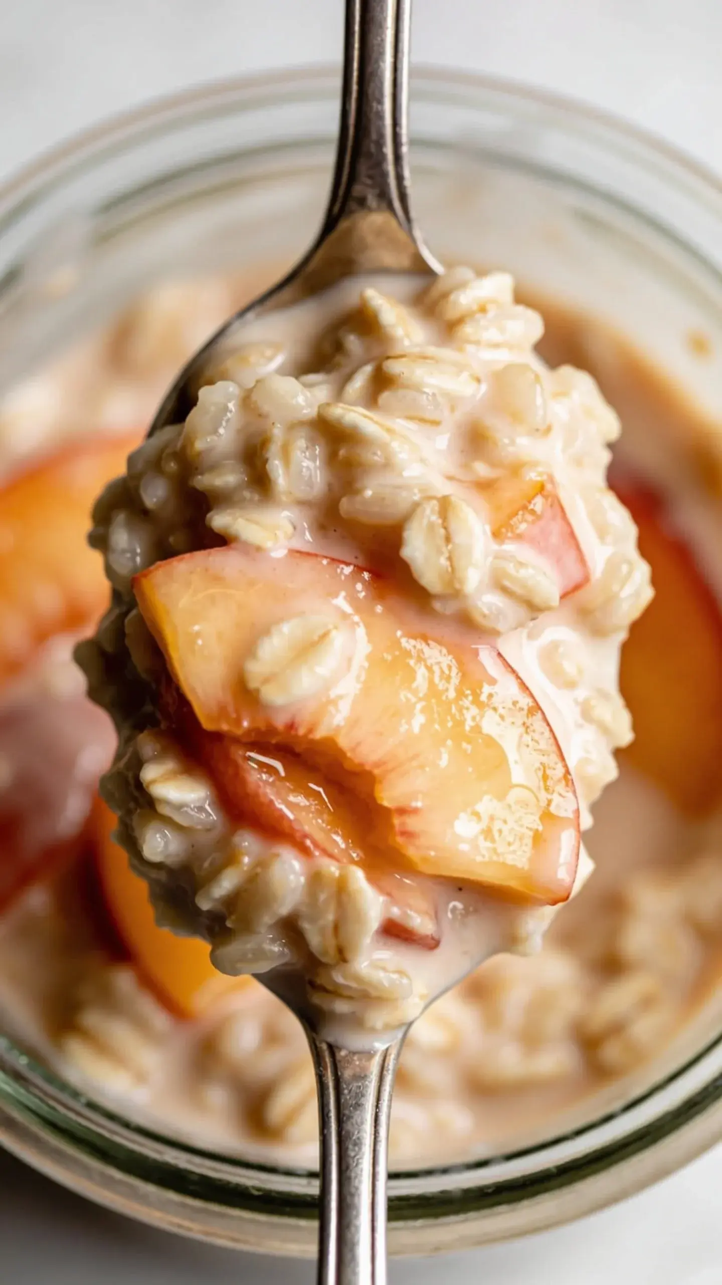 Spoonful of peaches and cream overnight oats above the jar