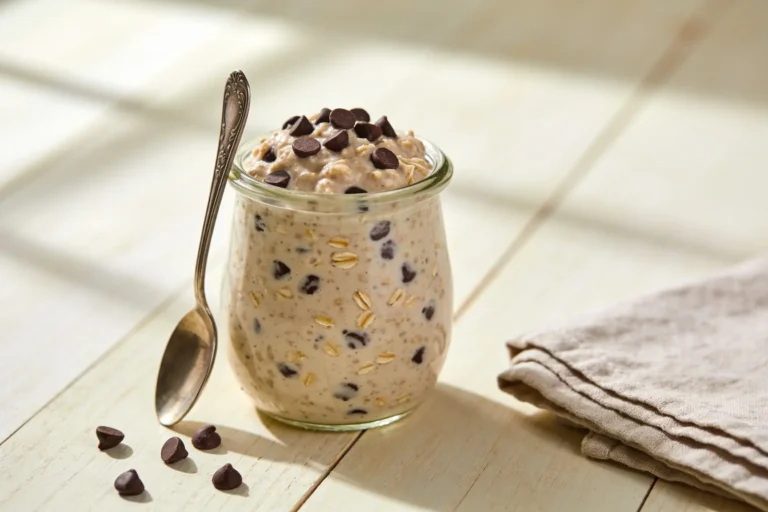 Jar of cookie dough overnight oats with chocolate chips