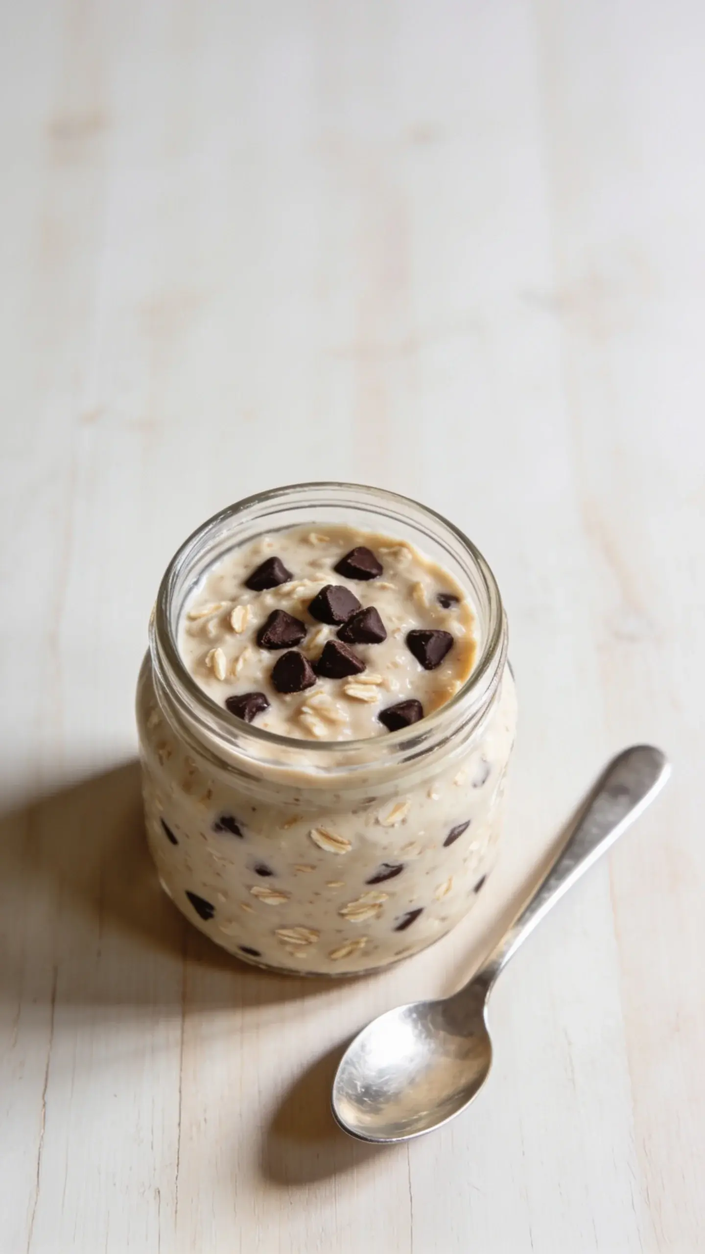 Glass jar of cookie dough overnight oats with chocolate chips on a light wooden table