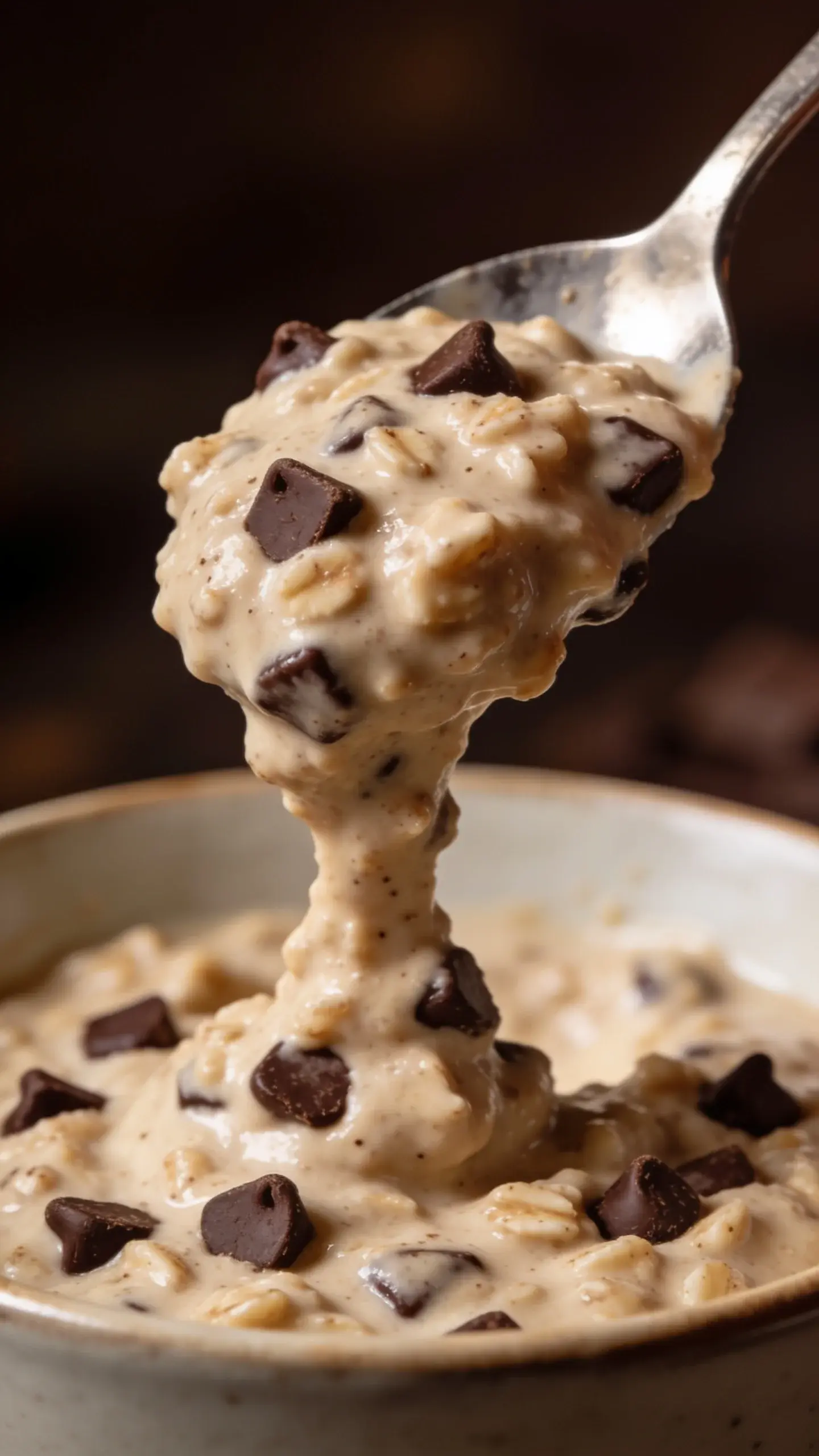 Spoonful of cookie dough overnight oats with chocolate chips above the jar