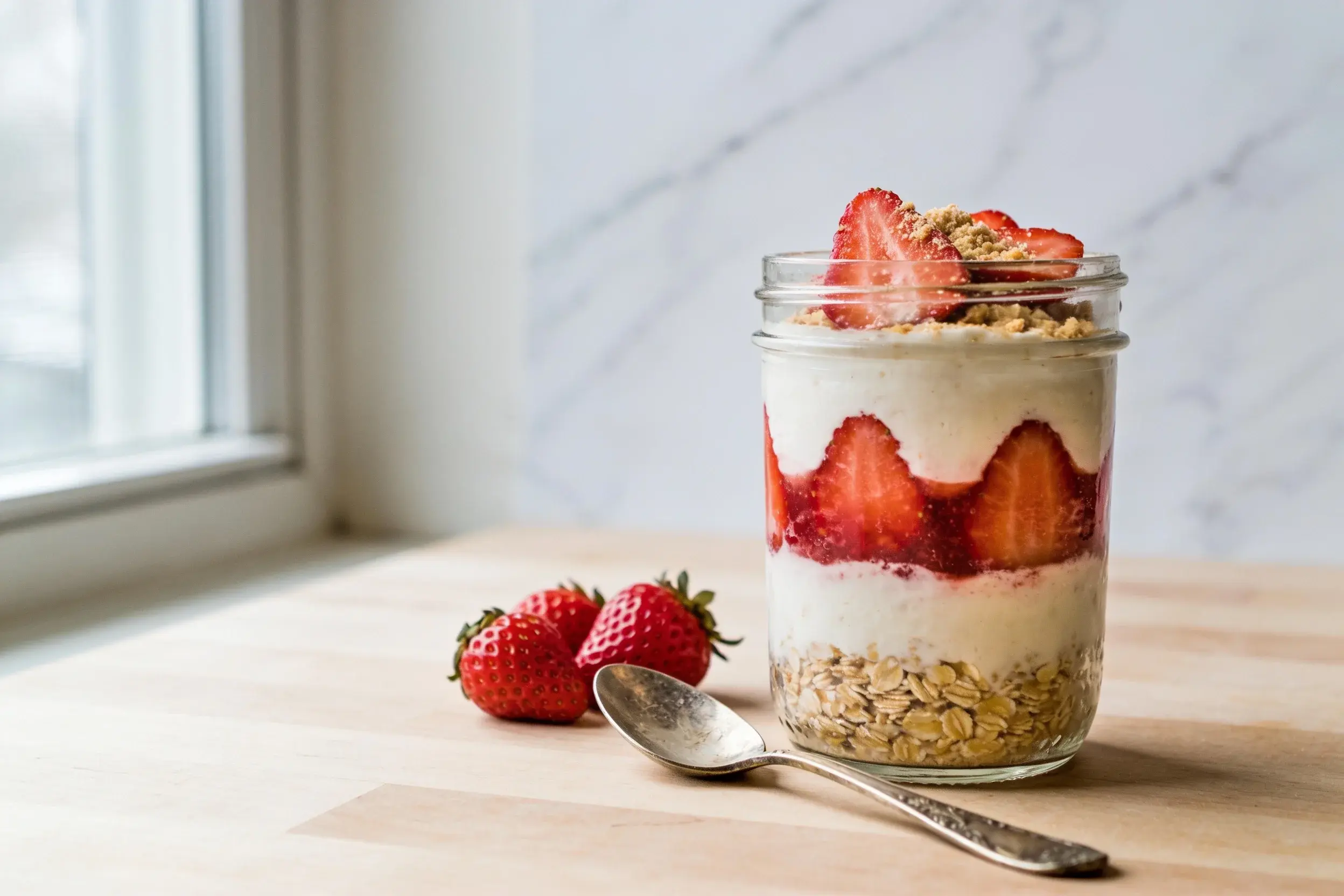 215 Calorie Strawberry Cheesecake Overnight Oats