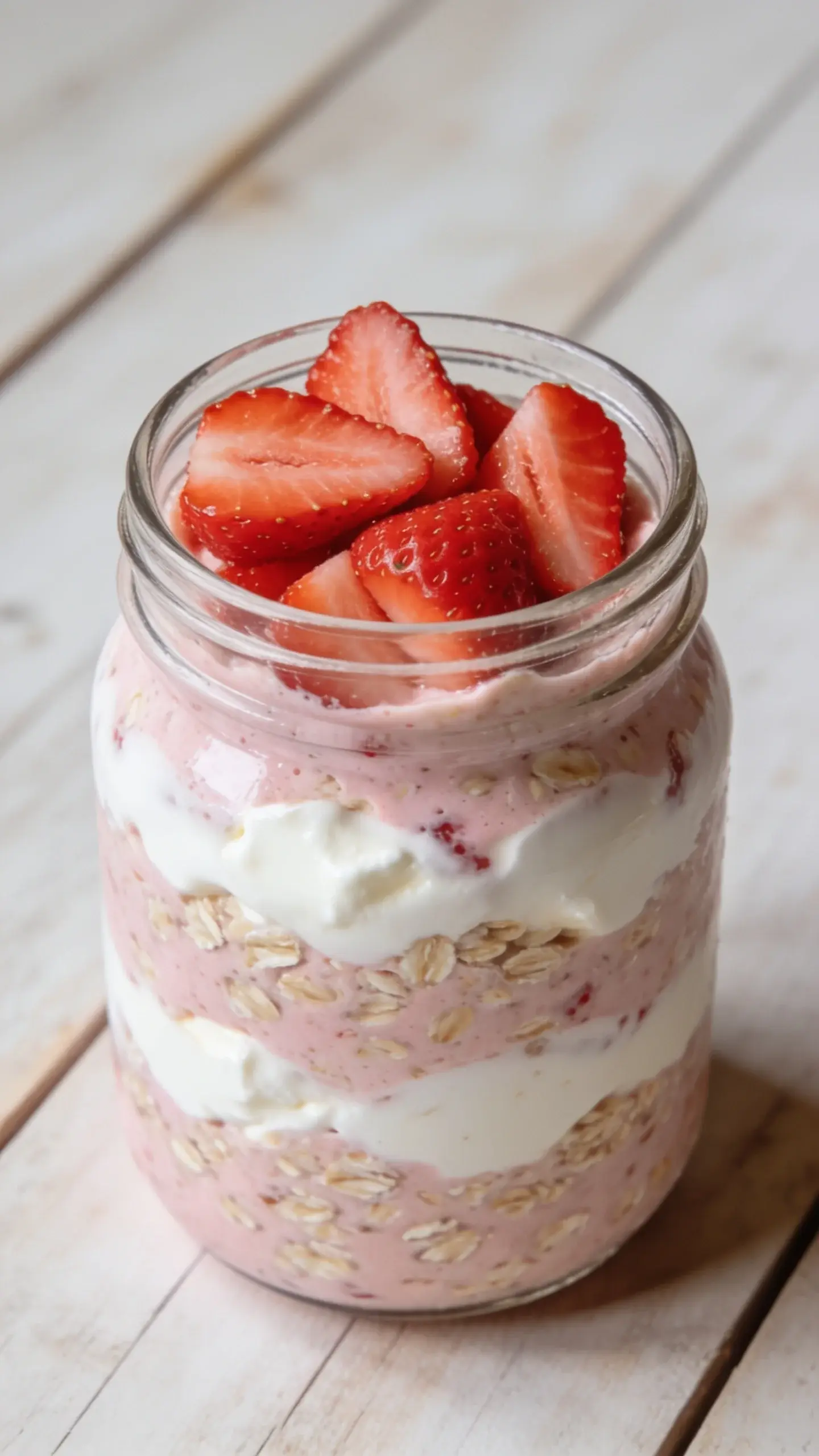 Glass jar of strawberry cheesecake overnight oats topped with fresh strawberries on a light table