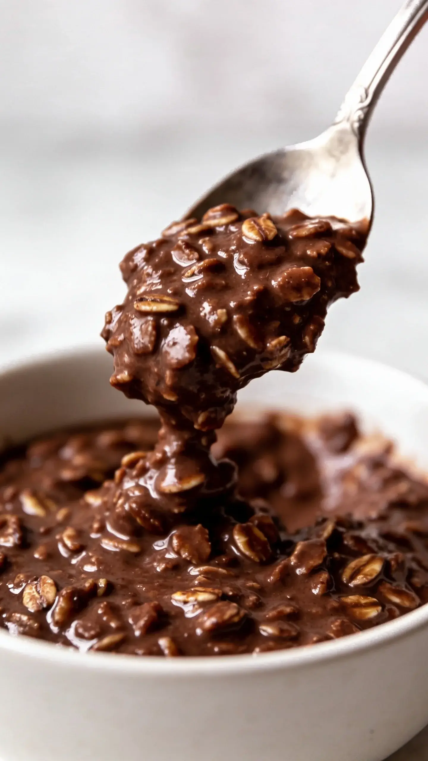 Spoonful of fudgy brownie batter overnight oats above the jar
