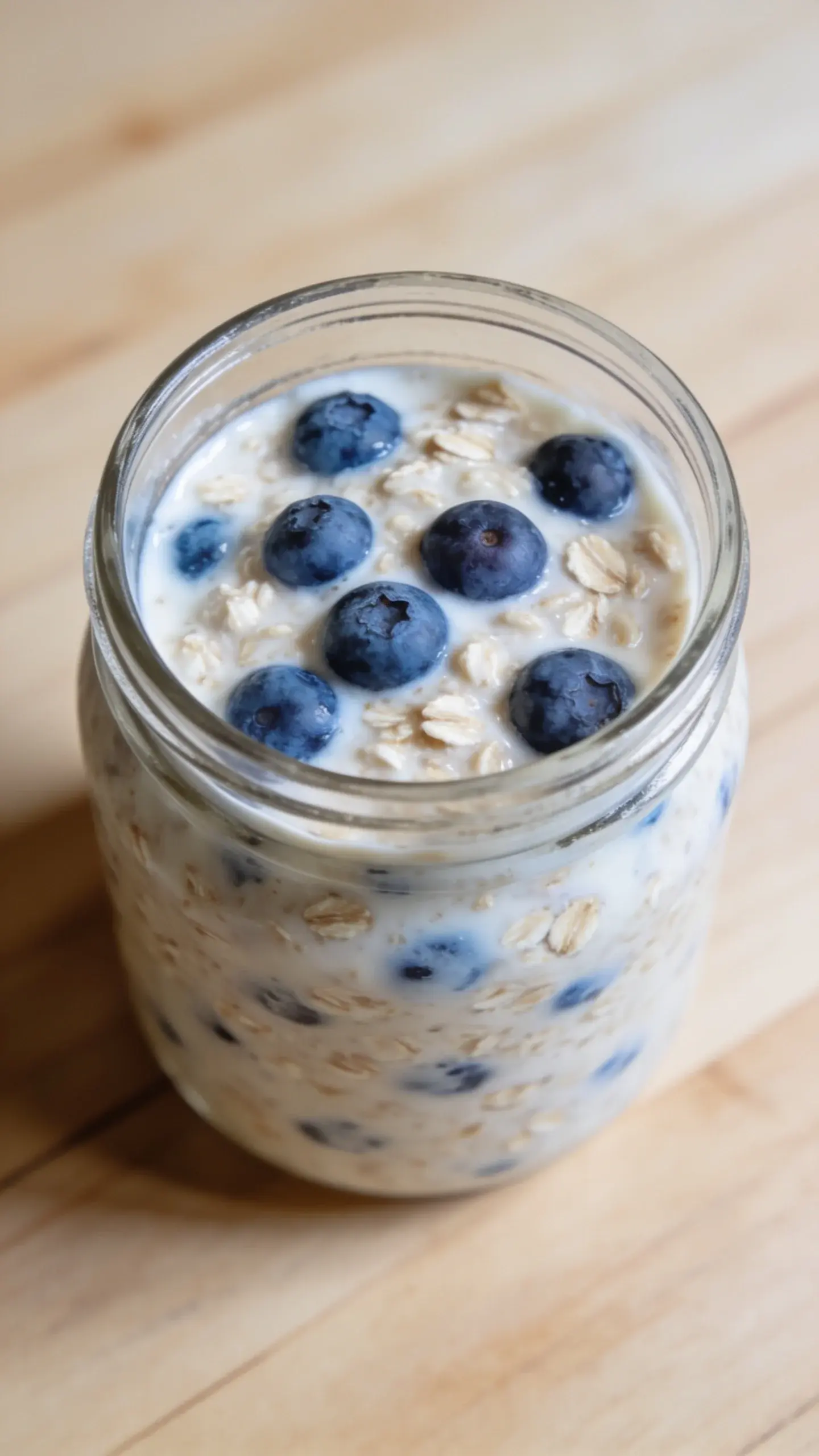 Glass jar of blueberry muffin overnight oats topped with fresh blueberries on a wooden table