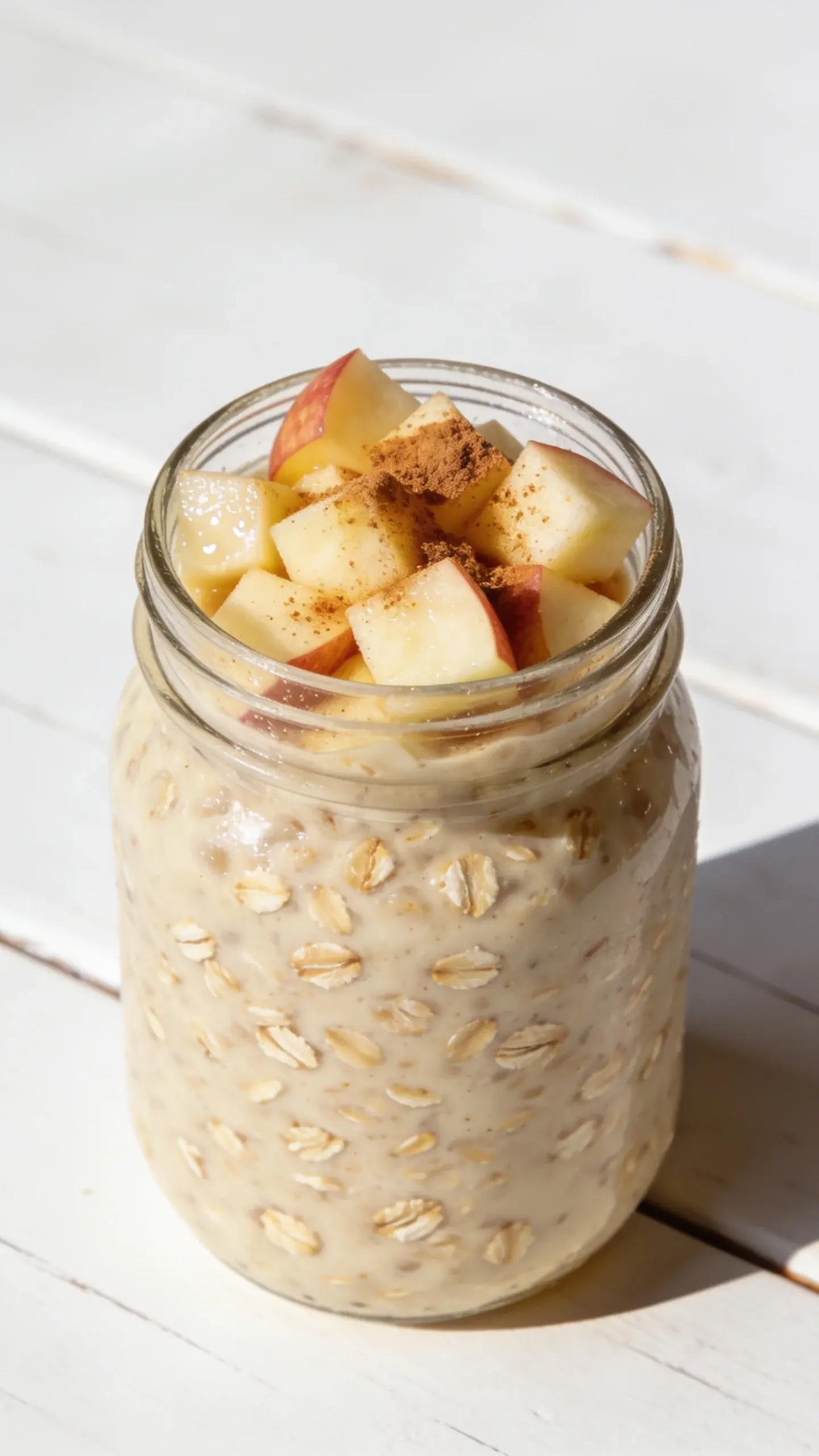 Glass jar of apple pie overnight oats with diced apple and cinnamon on a wooden table