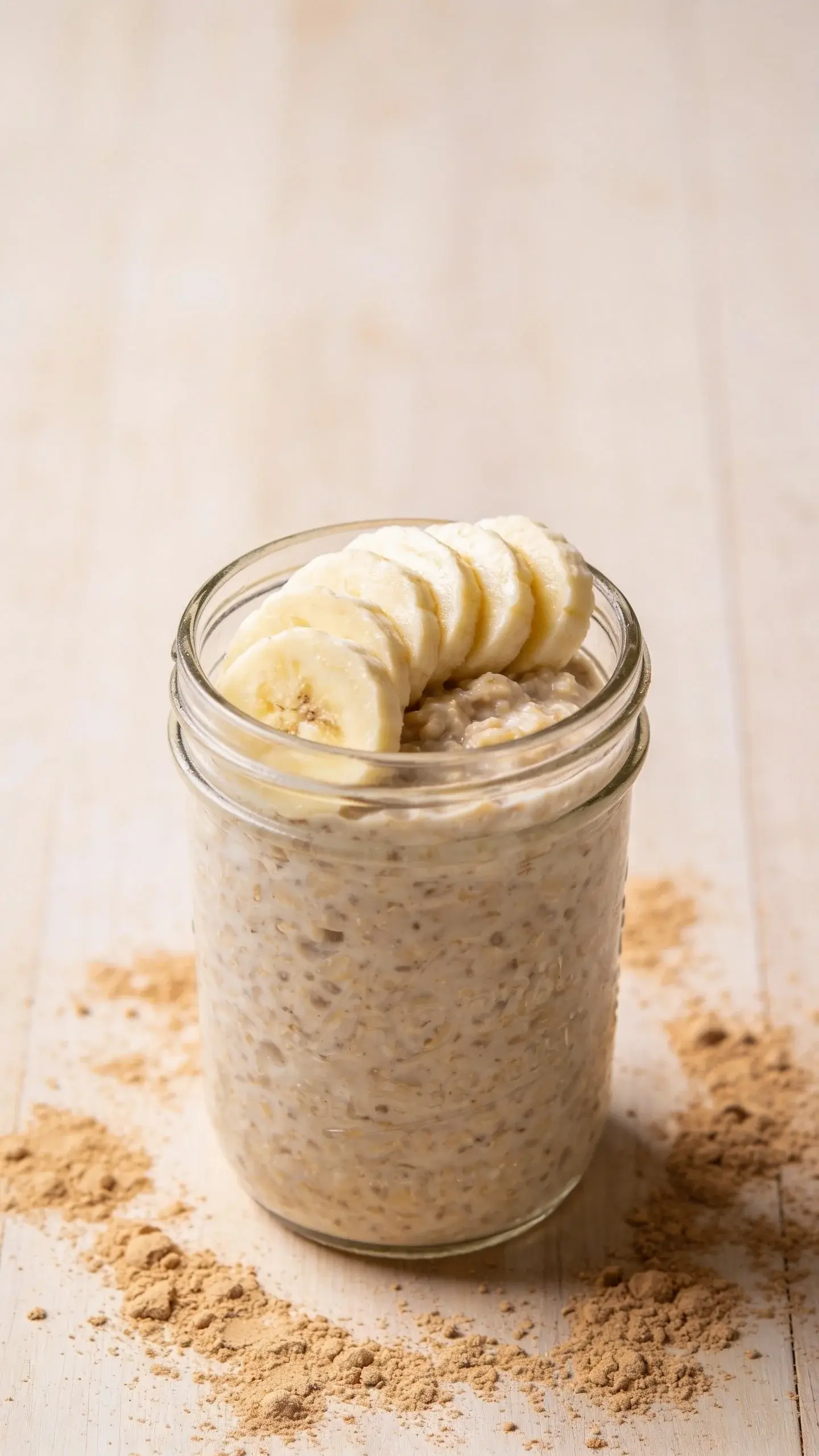 Glass jar of peanut butter banana overnight oats topped with banana slices on a wooden table