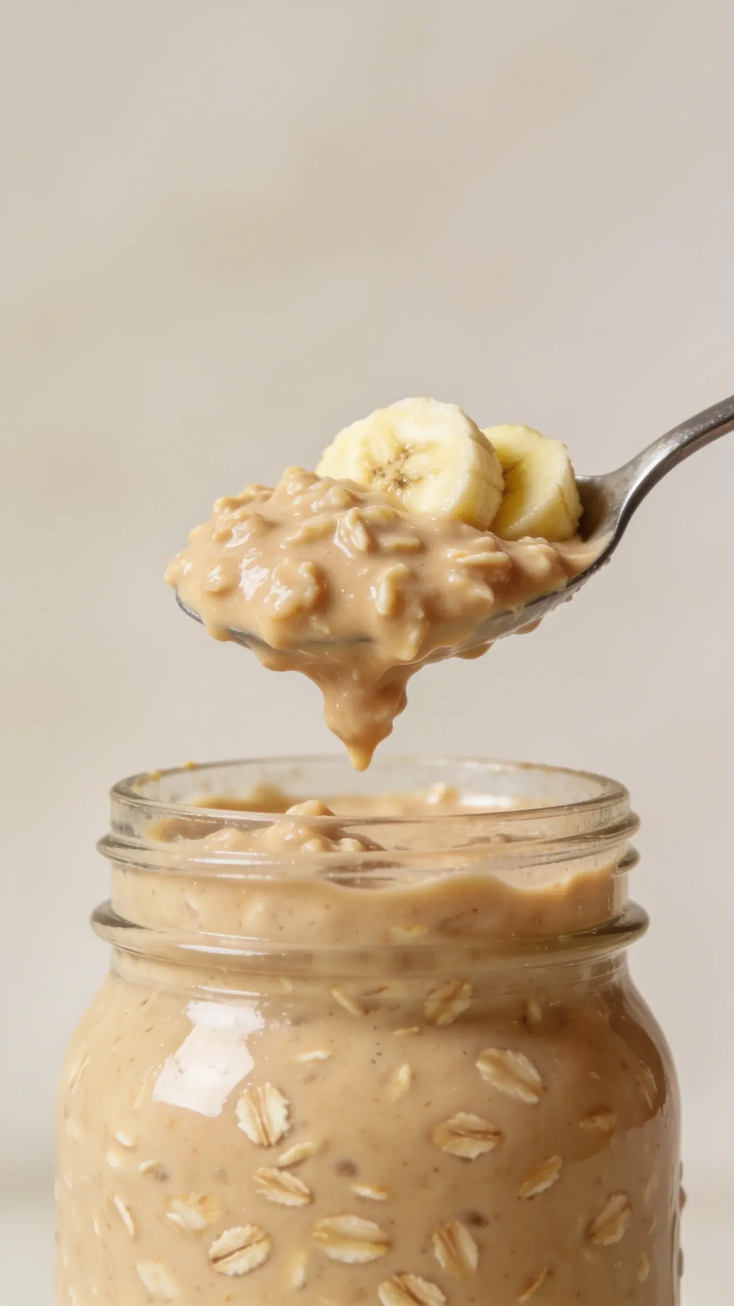 Spoonful of creamy peanut butter banana overnight oats above the jar