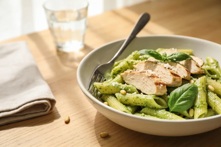 Bowl of chicken pesto pasta with sliced chicken and basil