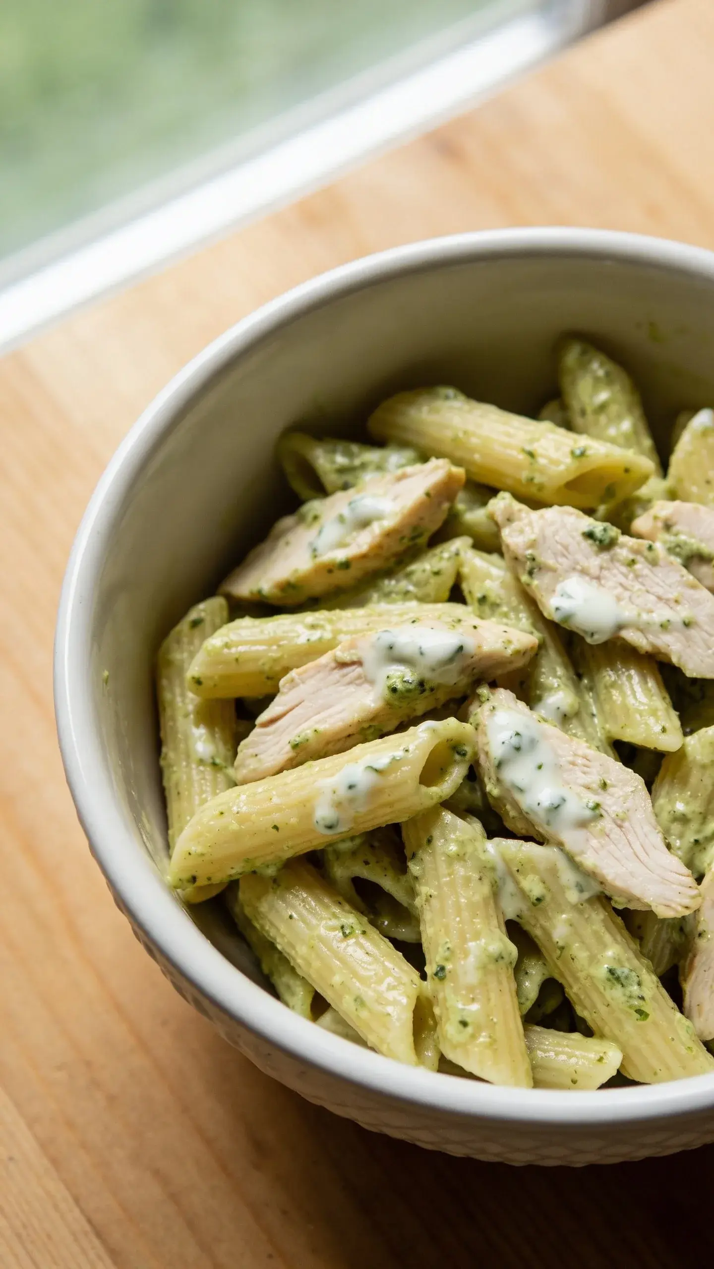 Bowl of green pesto penne with chicken