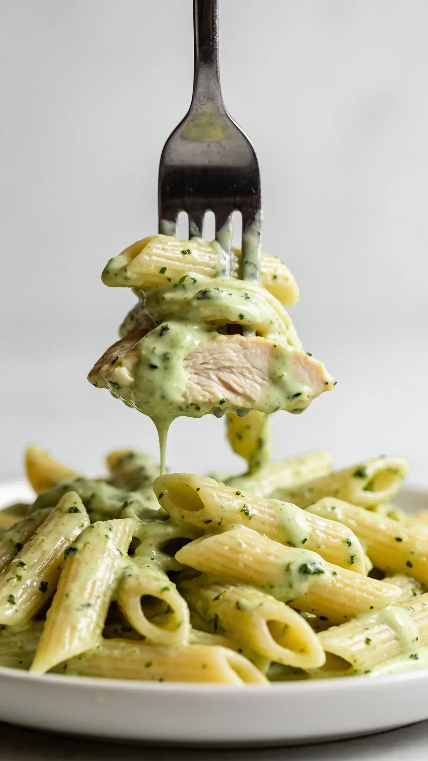 Fork holding penne coated in basil pesto sauce