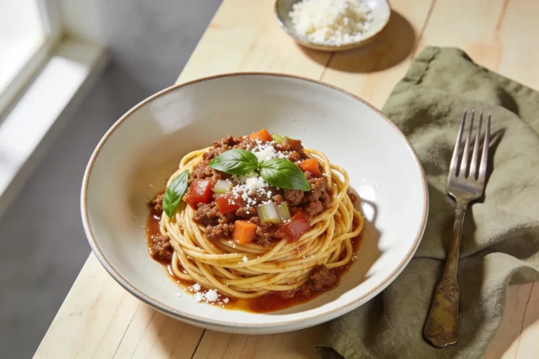 Plate of spaghetti bolognese with meat sauce and Parmesan