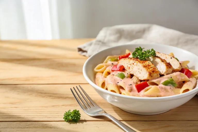 Bowl of Cajun chicken pasta with sliced chicken and red peppers