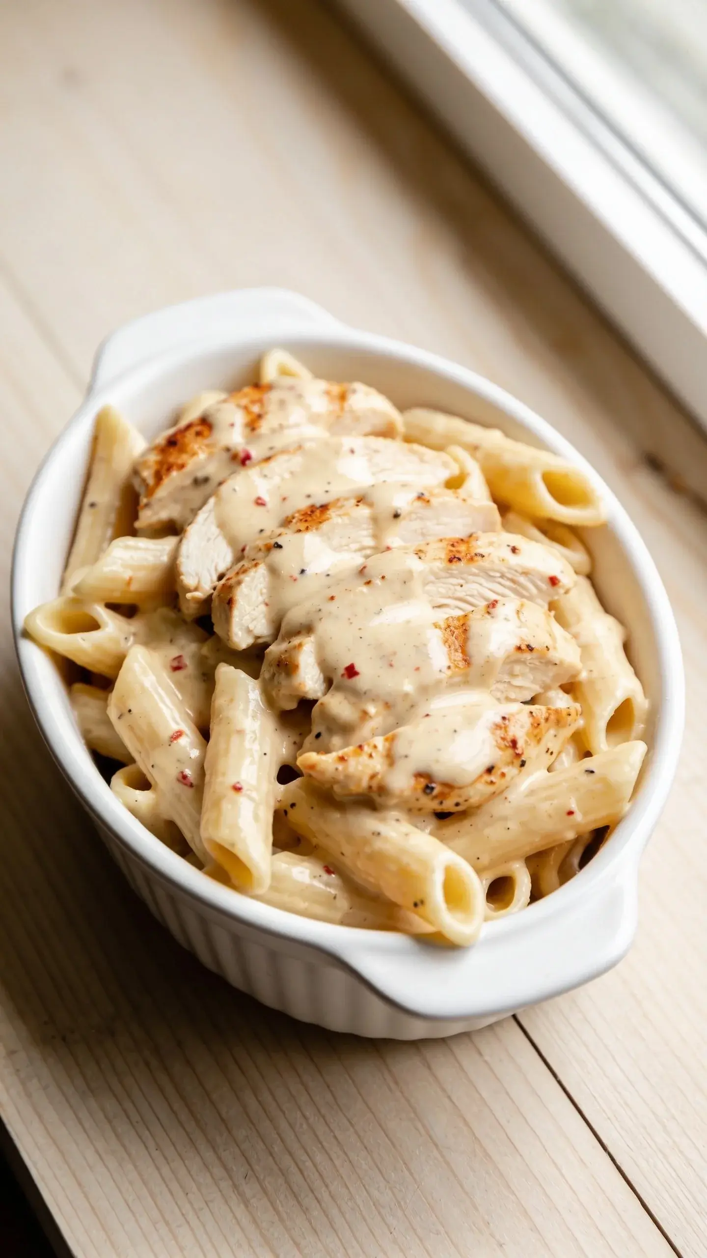 Bowl of creamy Cajun chicken pasta with peppers