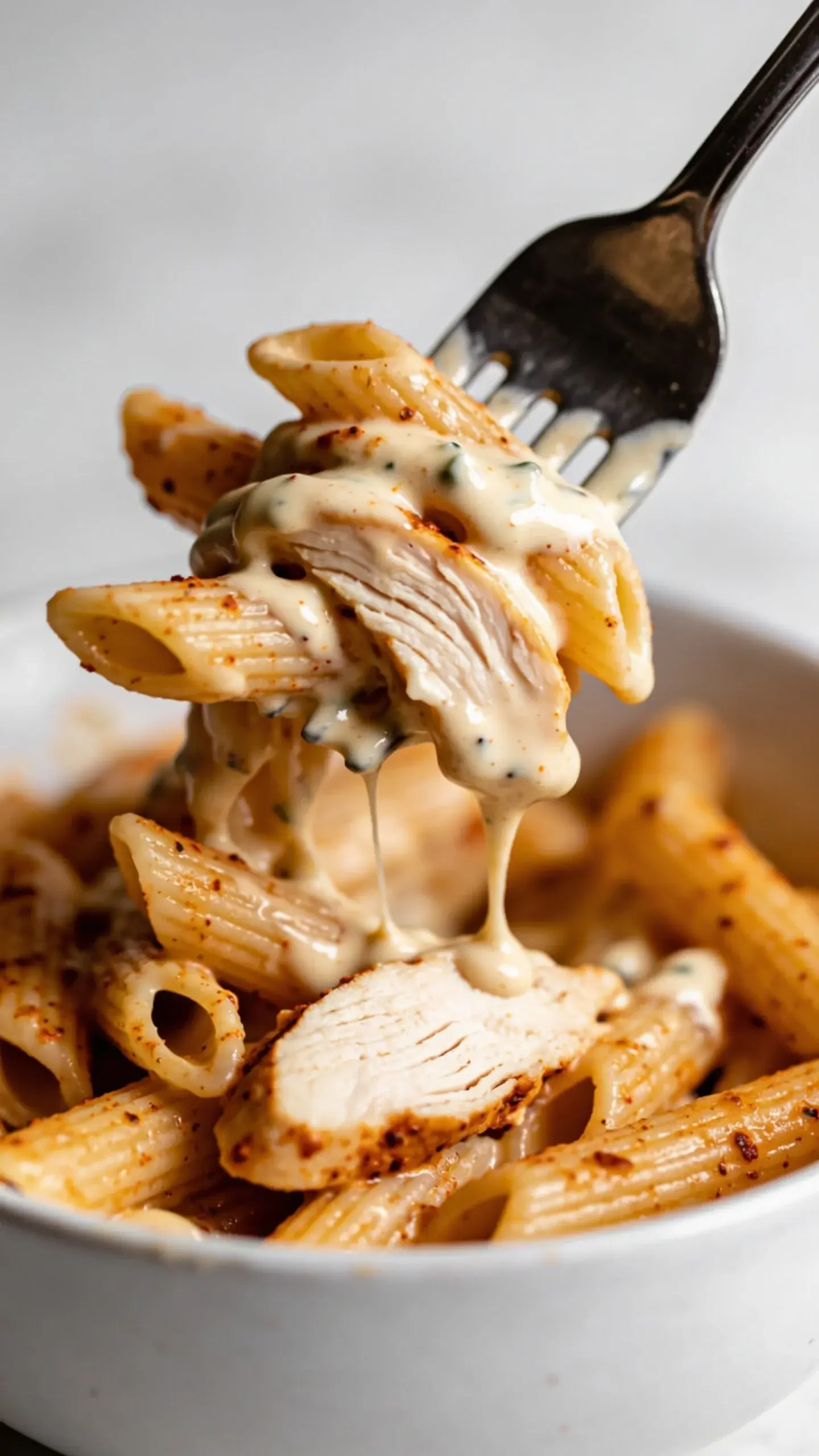 Fork holding penne with Cajun chicken and creamy sauce