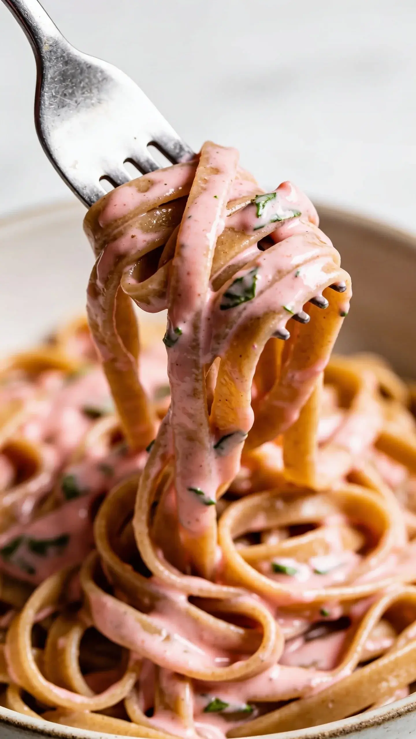 Fork holding pasta with creamy tomato sauce