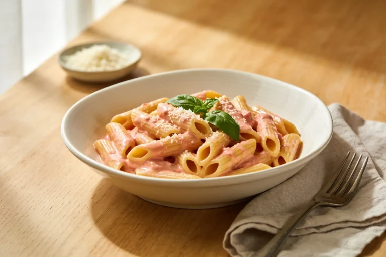Bowl of penne alla vodka with pink tomato cream sauce and basil