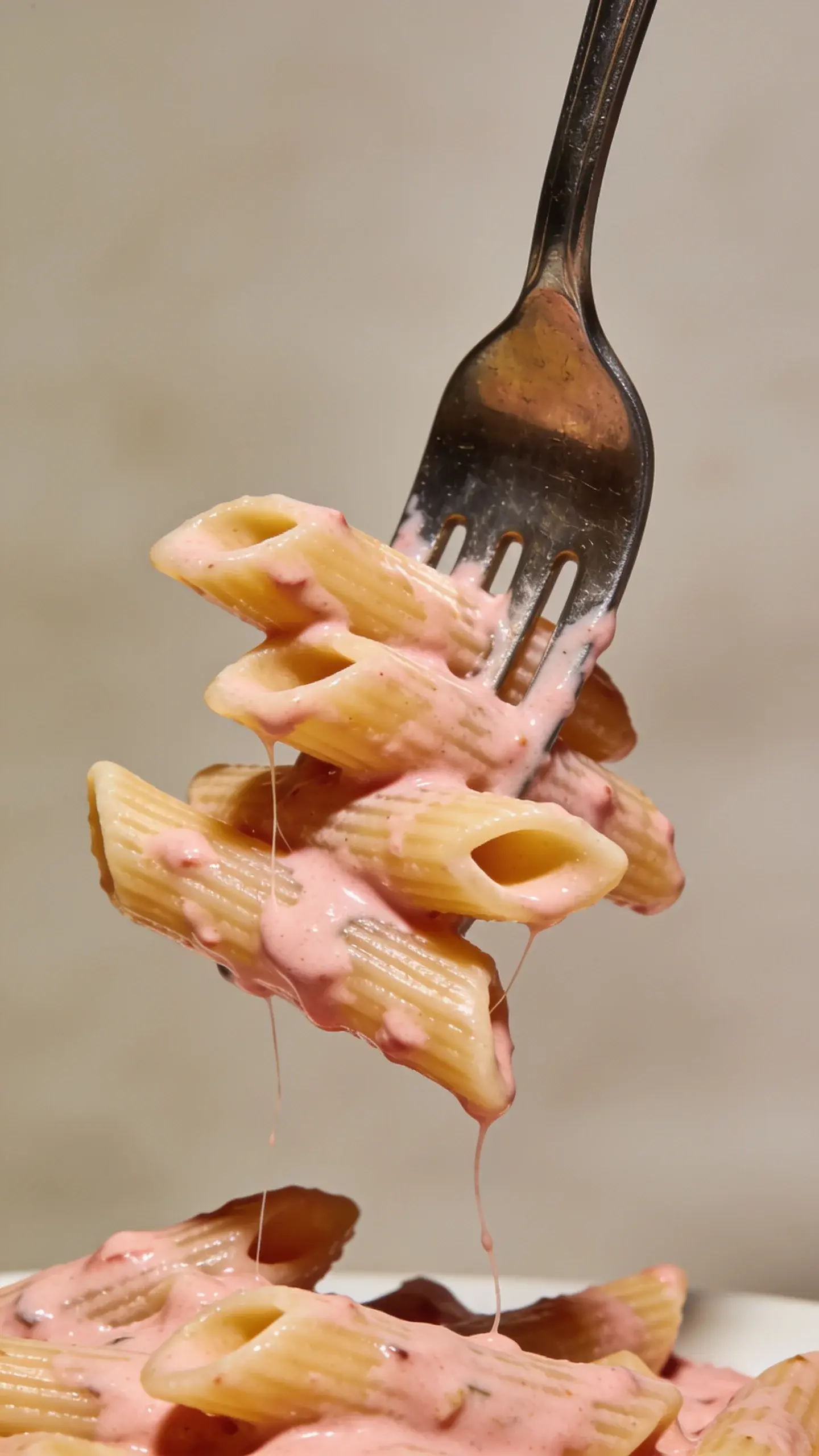 Fork holding penne with creamy tomato sauce