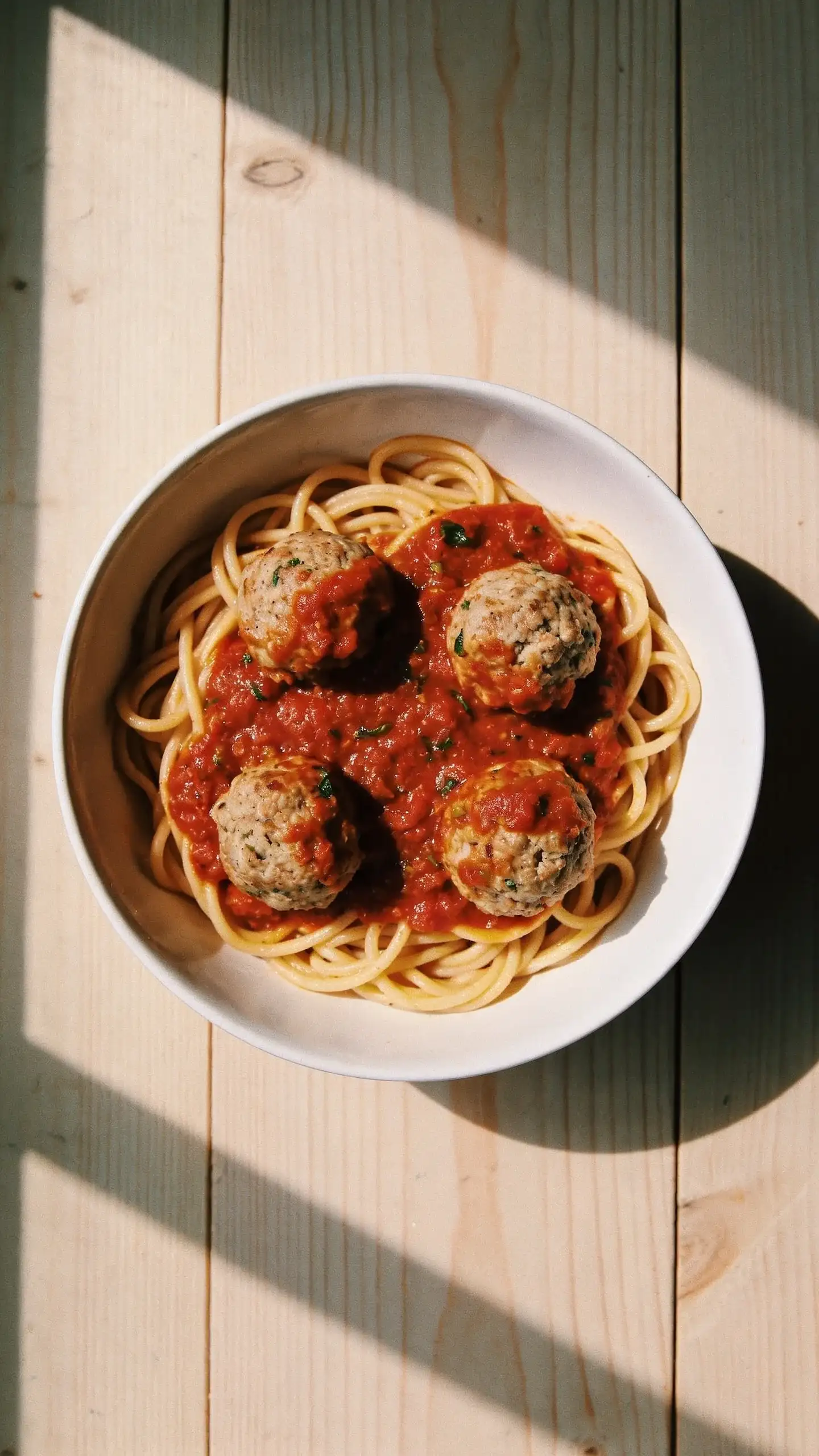 Bowl of spaghetti topped with meatballs and tomato sauce