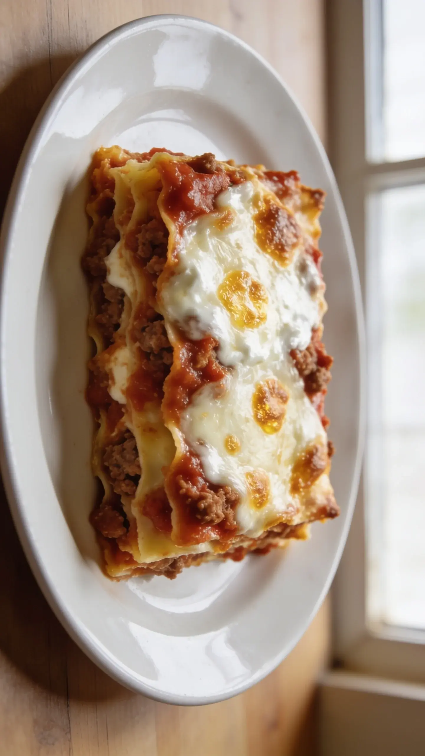 Plate with a square of lasagna and melted mozzarella