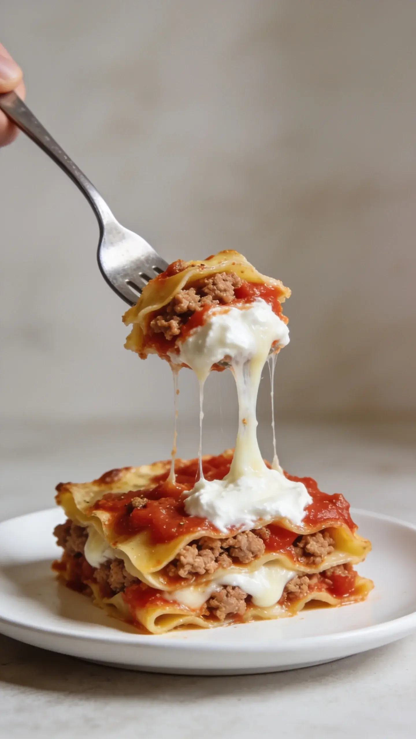 Baking dish of lasagna with layers of meat sauce and cheese