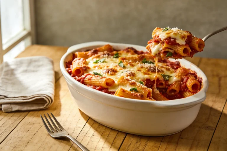 Dish of baked ziti with melted mozzarella and a spoonful lifted out