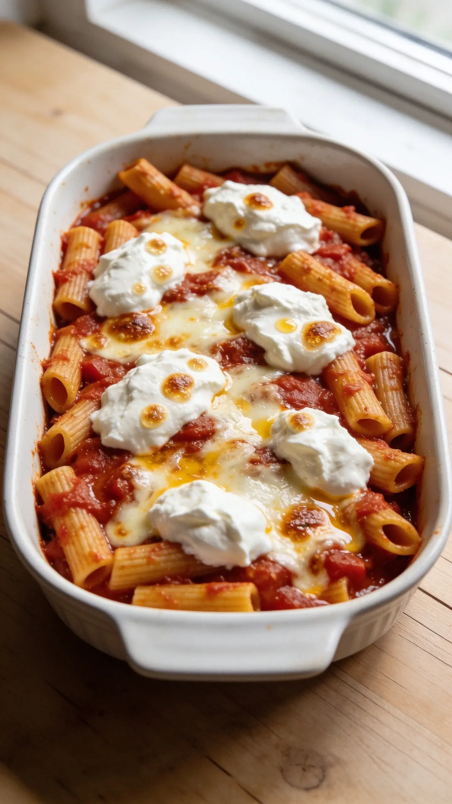 Baking dish of baked ziti with melted cheese and marinara