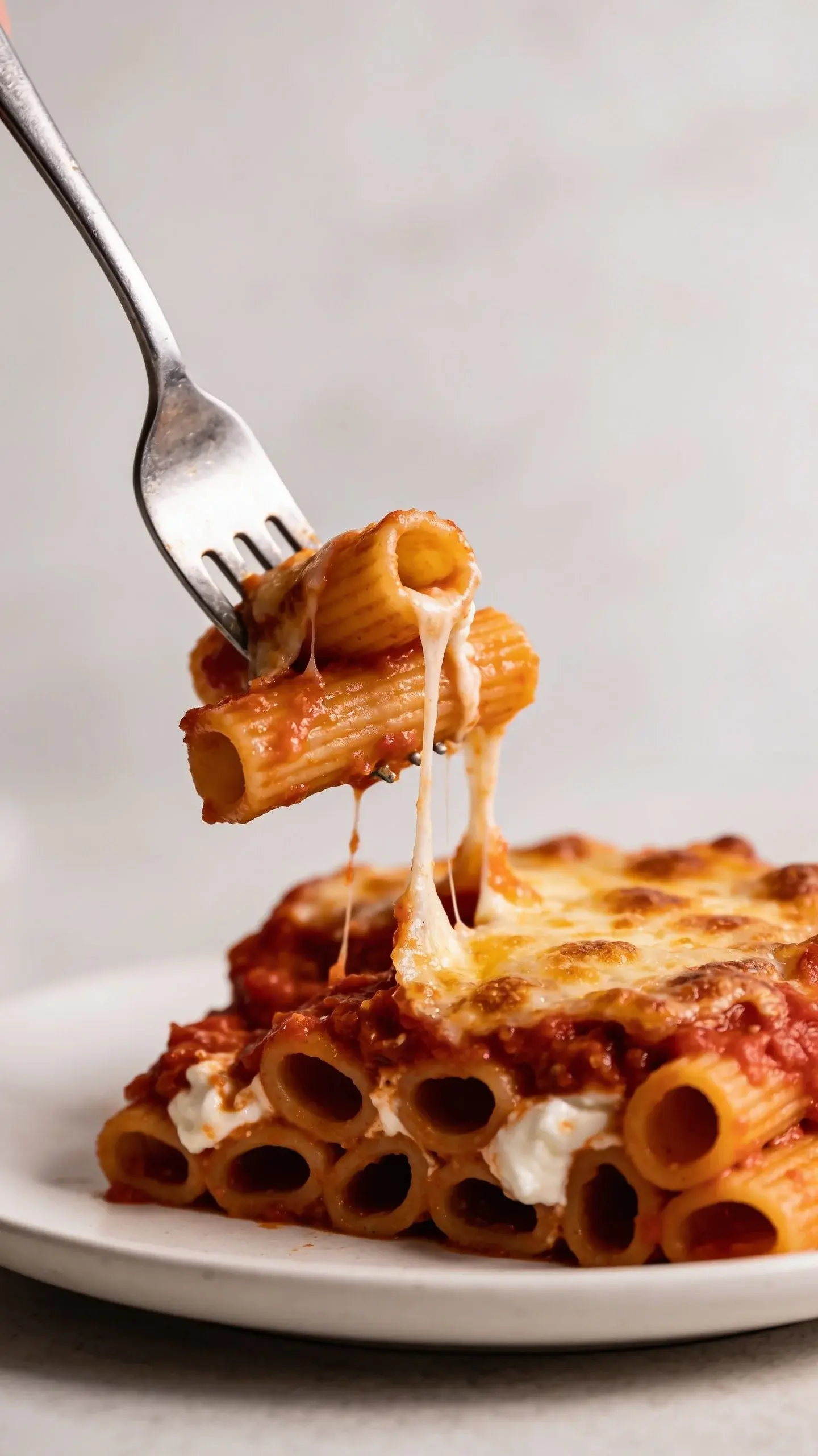 Plate of baked ziti with melted mozzarella and a fork