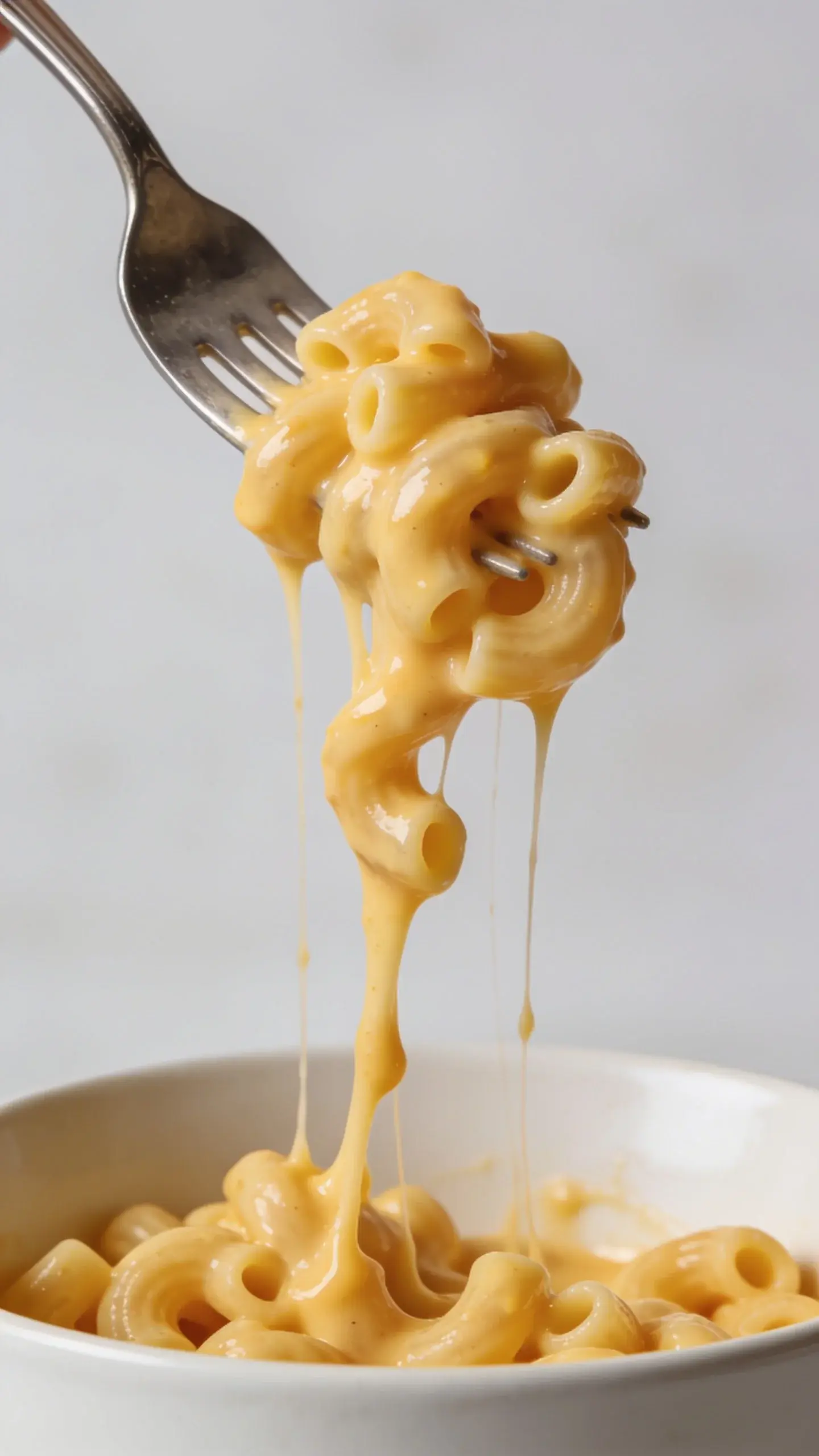 Close up of elbow macaroni coated in cheese sauce