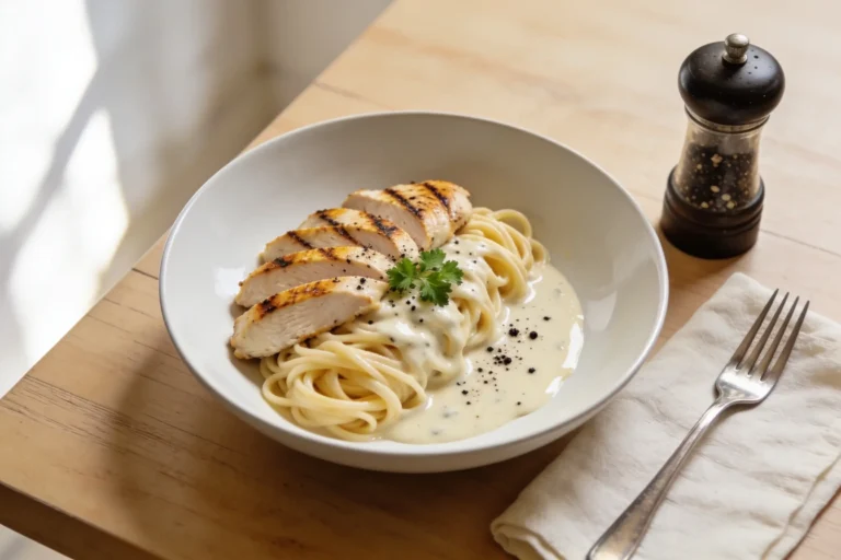 Bowl of chicken Alfredo with sliced chicken breast on fettuccine