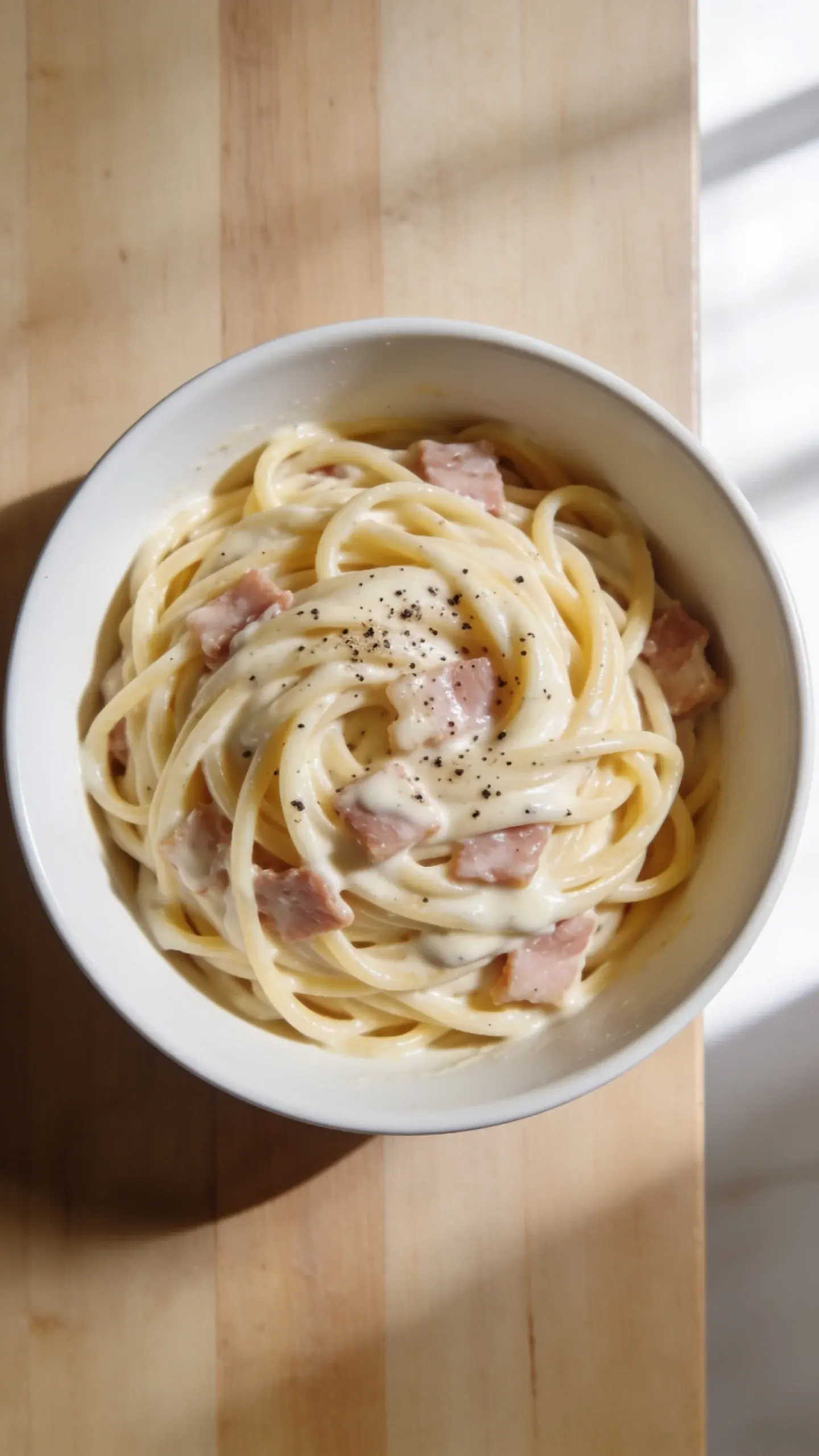 Bowl of creamy spaghetti carbonara with bacon bits