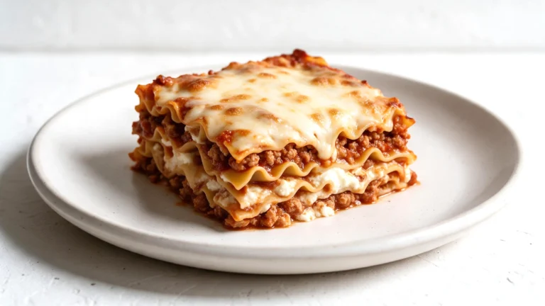 375 calorie lasagna slice on a white plate