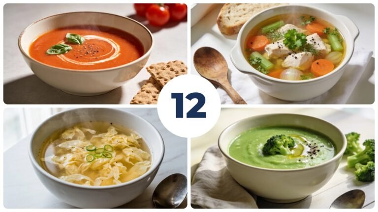 Collage of four low calorie soups with the number 12 in the middle
