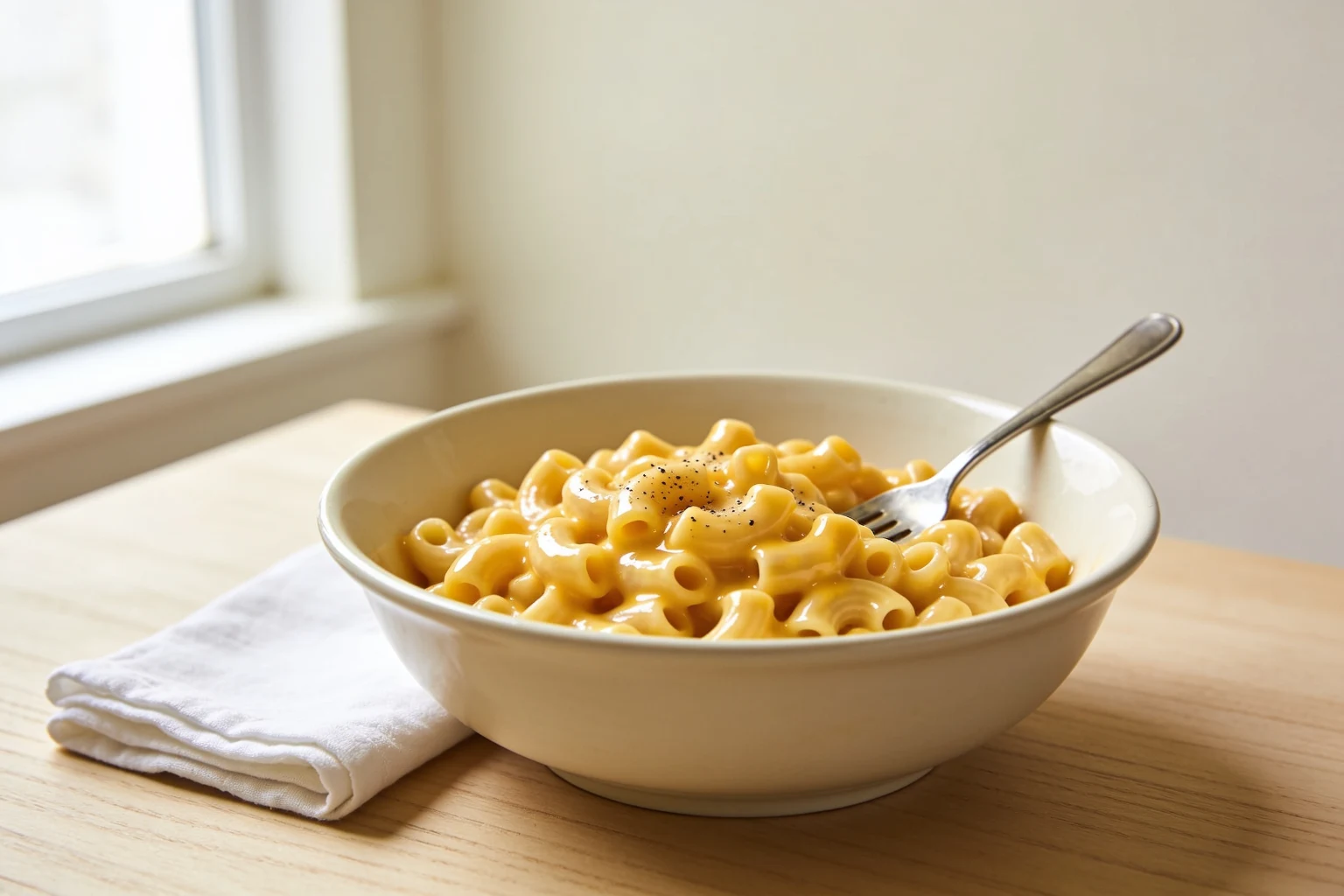 Bowl of creamy mac and cheese with a fork on a wooden table
