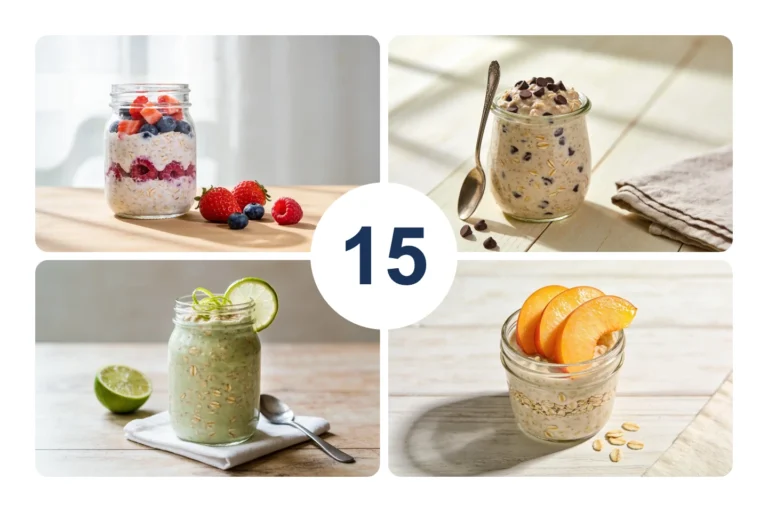 Collage of four low calorie overnight oats jars with the number 15 in the middle