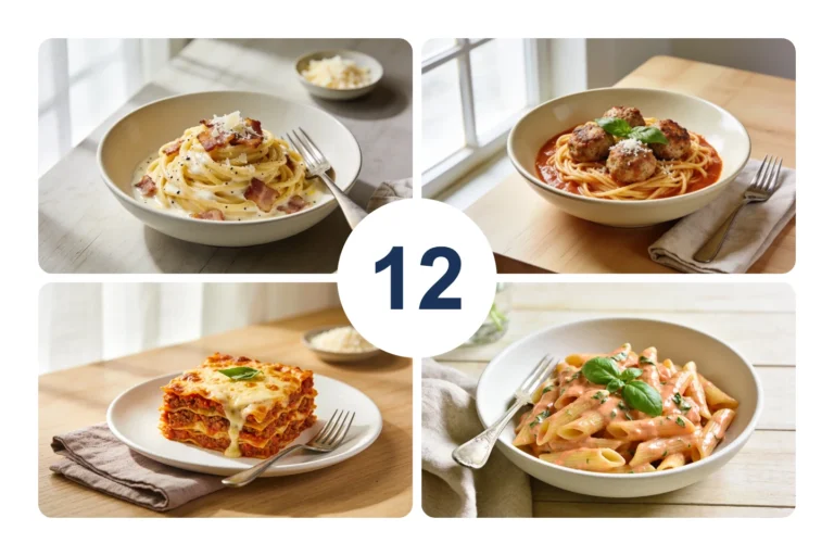 Four low calorie pasta dishes: carbonara, spaghetti and meatballs, lasagna and penne alla vodka