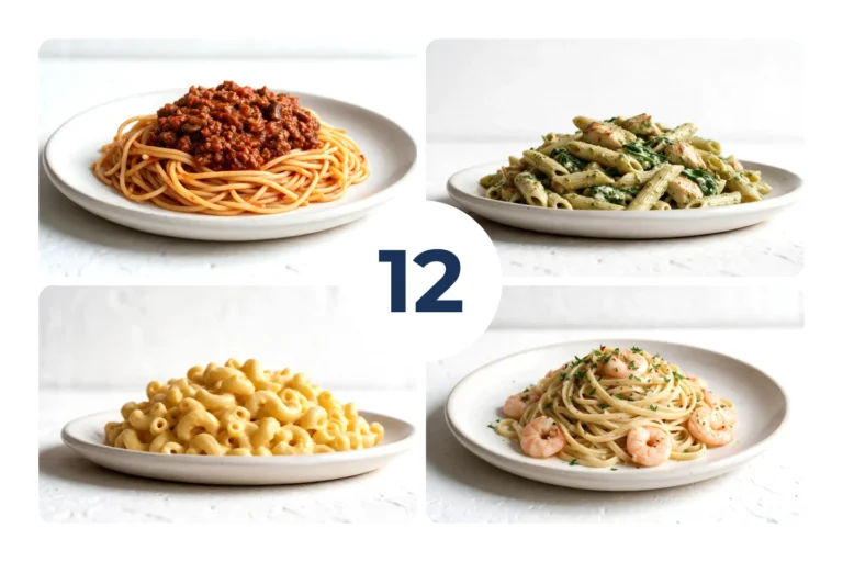 Collage of four low calorie pasta dishes with the number 12 in the middle