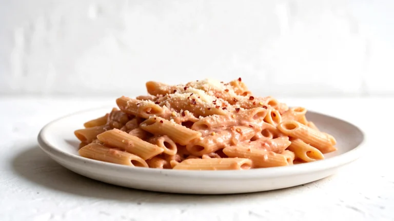 340 calorie penne alla vodka on a white plate