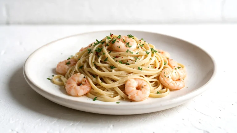 375 calorie shrimp scampi with linguine on a white plate