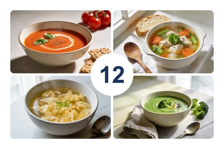 Collage of four low calorie soups with the number 12 in the middle