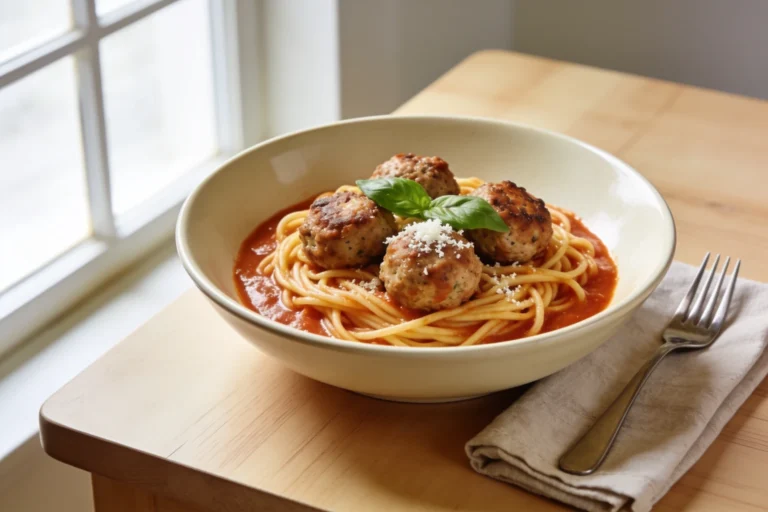 Bowl of spaghetti and meatballs with tomato sauce and fresh basil