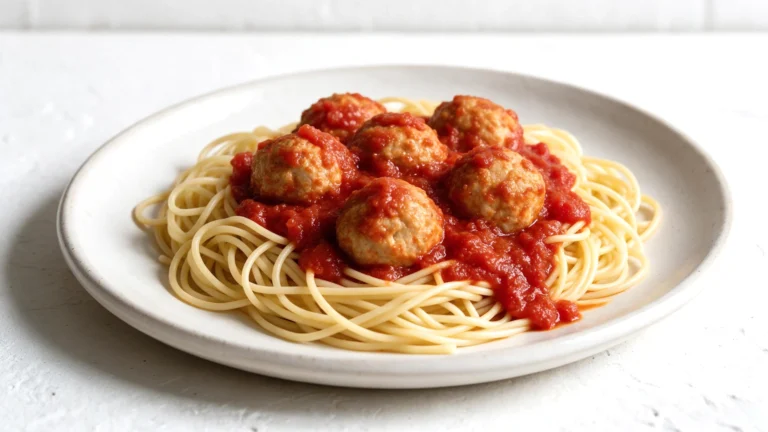 390 calorie spaghetti and turkey meatballs on a white plate