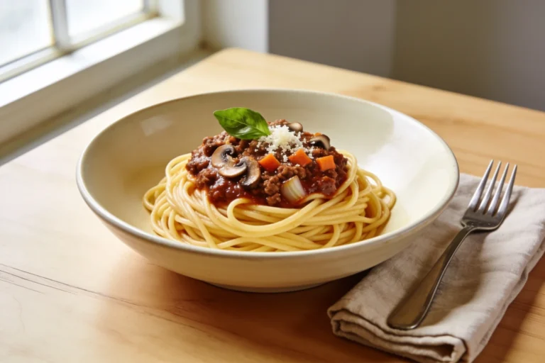 Bowl of spaghetti bolognese with meat sauce and Parmesan