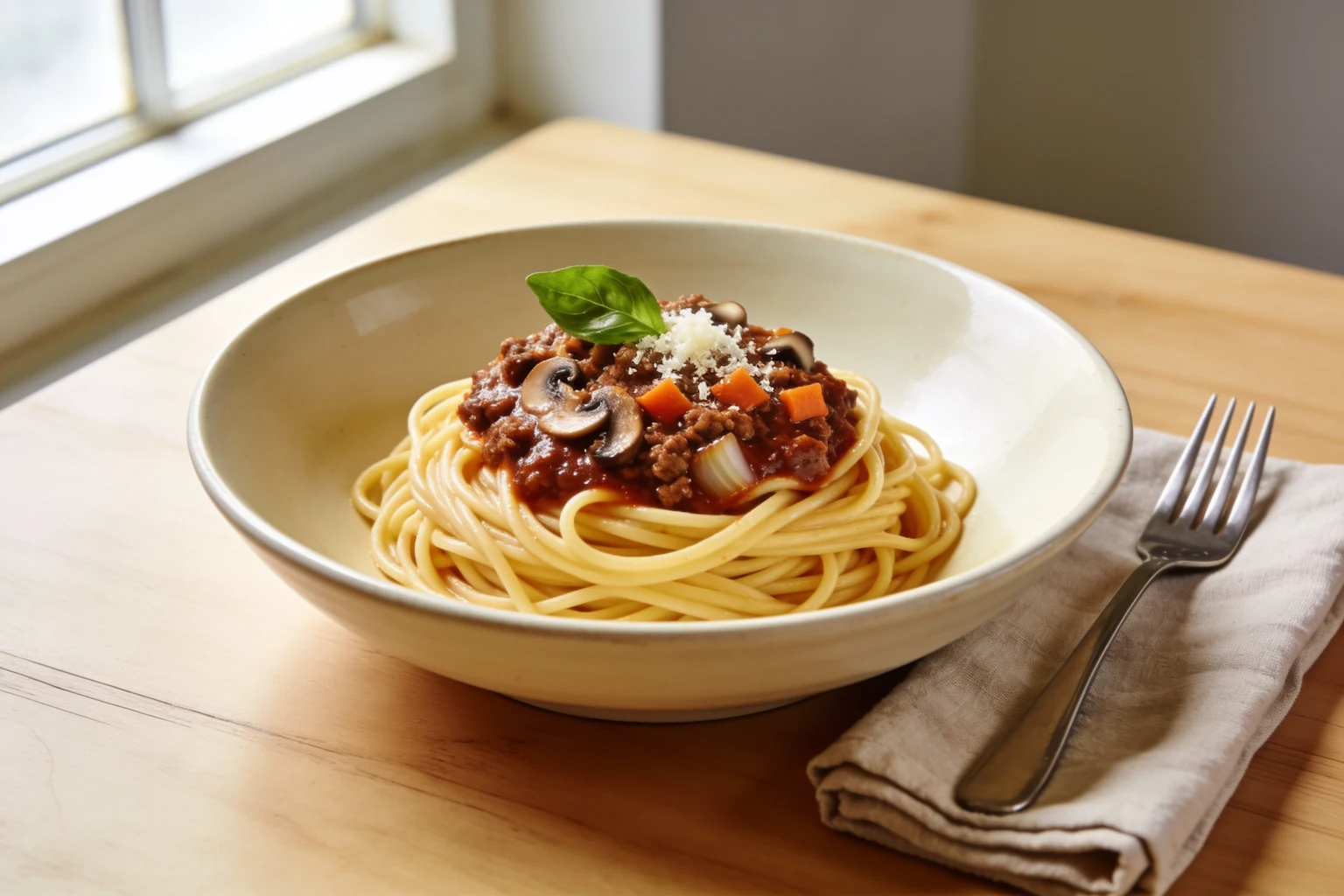 Bowl of spaghetti bolognese with meat sauce and Parmesan