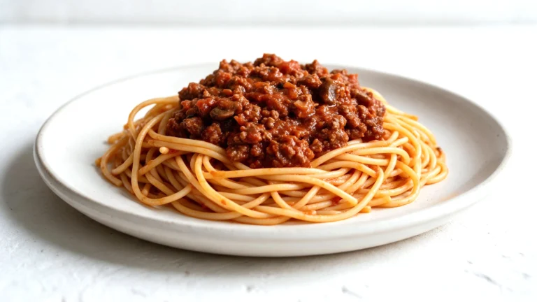 380 calorie spaghetti bolognese on a white plate